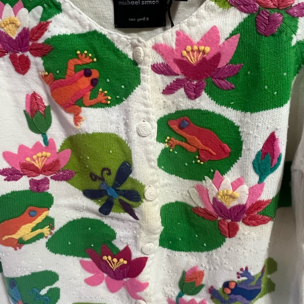 Michael Simon Vintage Hand knit Beaded FROG Butterfly Cardigan Sweater Rare - Picture 3 of 4